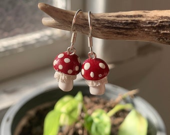 Handmade Fly Agaric Mushroom Earrings: Polymer Clay Toadstool Charm