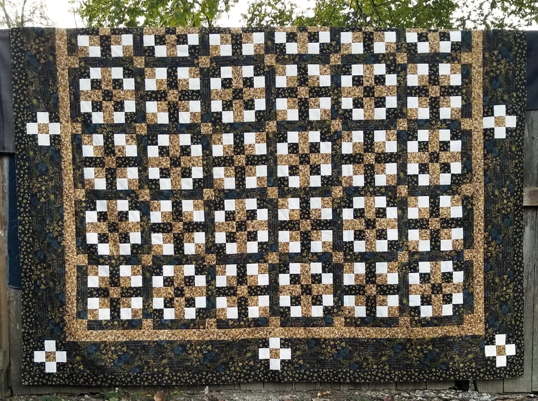 Brown & Tan Prints Block Pattern Unfinished Quilt Top ONLY Large 96