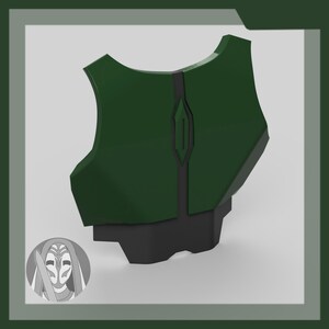 May include: A green and black plastic chest piece with a geometric design. The chest piece is a part of a costume.