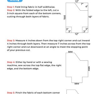 May include: Diagram for fabric lining with measurements in inches. Instructions include folding, cutting 3-inch squares, and sewing edges. The diagram shows a rectangle with cut-out corners and angled top.