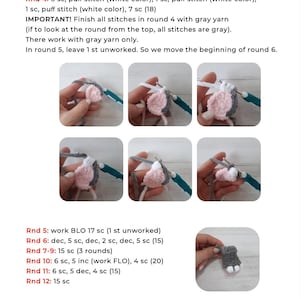 Op de afbeelding: Pagina van een haak tutorial met stapsgewijze instructies en afbeeldingen. De instructies beschrijven rondes van vaste steken, puff stitches en toenames, met behulp van wit en grijs garen. De pagina bevat de website Patternhearts.etsy.com.