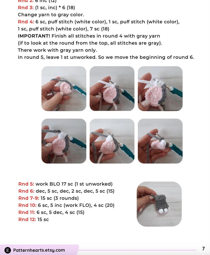 Op de afbeelding: Pagina van een haak tutorial met stapsgewijze instructies en afbeeldingen. De instructies beschrijven rondes van vaste steken, puff stitches en toenames, met behulp van wit en grijs garen. De pagina bevat de website Patternhearts.etsy.com.