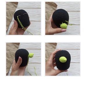 May include: Step-by-step crochet tutorial showing the creation of a black, rounded amigurumi figure. The process includes attaching a small, lime green crocheted piece, possibly a wart or detail, to the black body.
