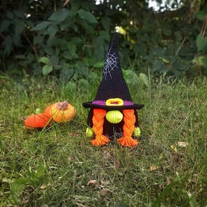 May include: A crocheted Halloween gnome with a black witch hat featuring a spiderweb design, purple brim, and yellow buckle. The gnome has orange braids, green cheeks, and a small orange pumpkin. The gnome is set in a grassy outdoor scene.