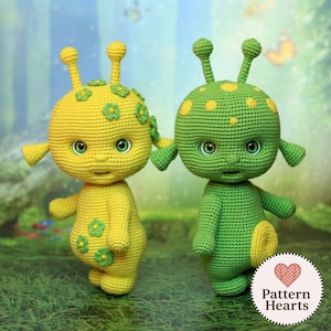Virkmönster för amigurumi till utomjordingar, handledning för rymdplyschleksak (PDF-nedladdning)