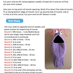 May include: A knitted purple monster-like pouch with a wide open mouth, two large googly eyes, and pink curly antennae. The pouch has a textured, fringed bottom and is likely handmade, with instructions visible.