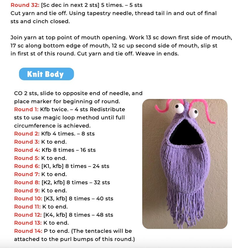 May include: A knitted purple monster-like pouch with a wide open mouth, two large googly eyes, and pink curly antennae. The pouch has a textured, fringed bottom and is likely handmade, with instructions visible.