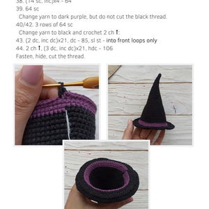 May include: A black and purple crochet witch hat. The hat has a pointed top and a wide brim. The brim and a band around the hat are purple. The image shows the hat from different angles, including a close-up of the crochet work.