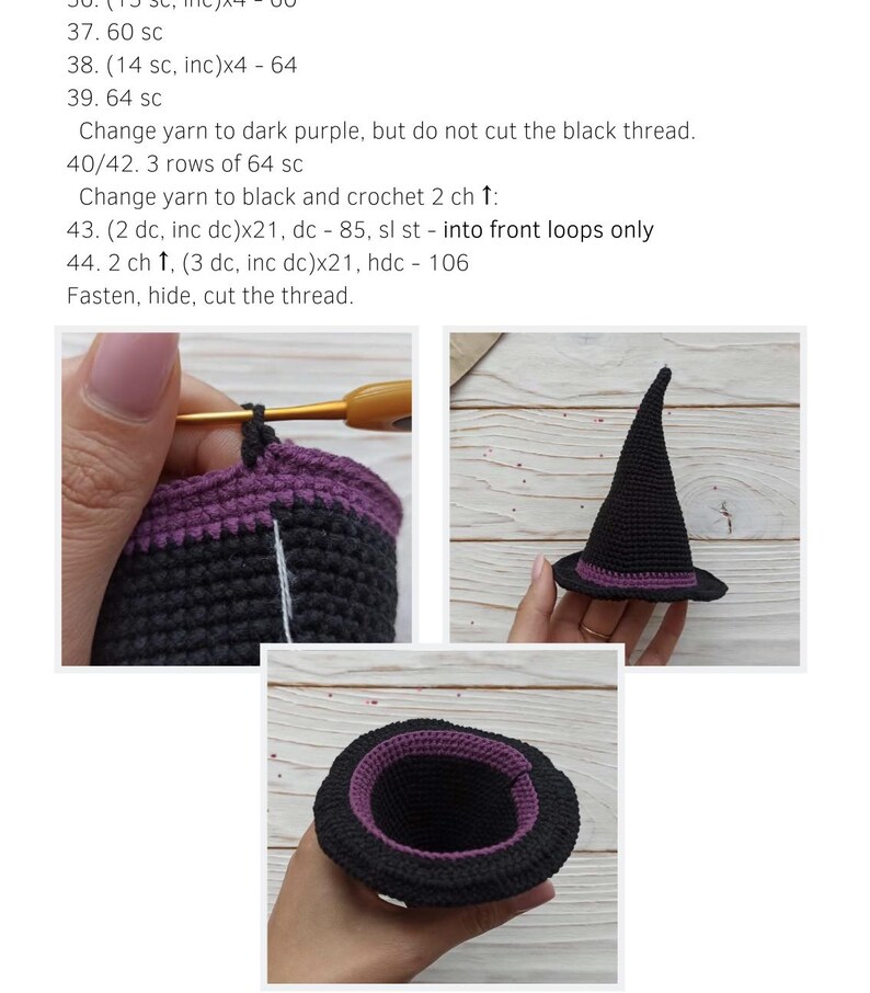 May include: A black and purple crochet witch hat. The hat has a pointed top and a wide brim. The brim and a band around the hat are purple. The image shows the hat from different angles, including a close-up of the crochet work.