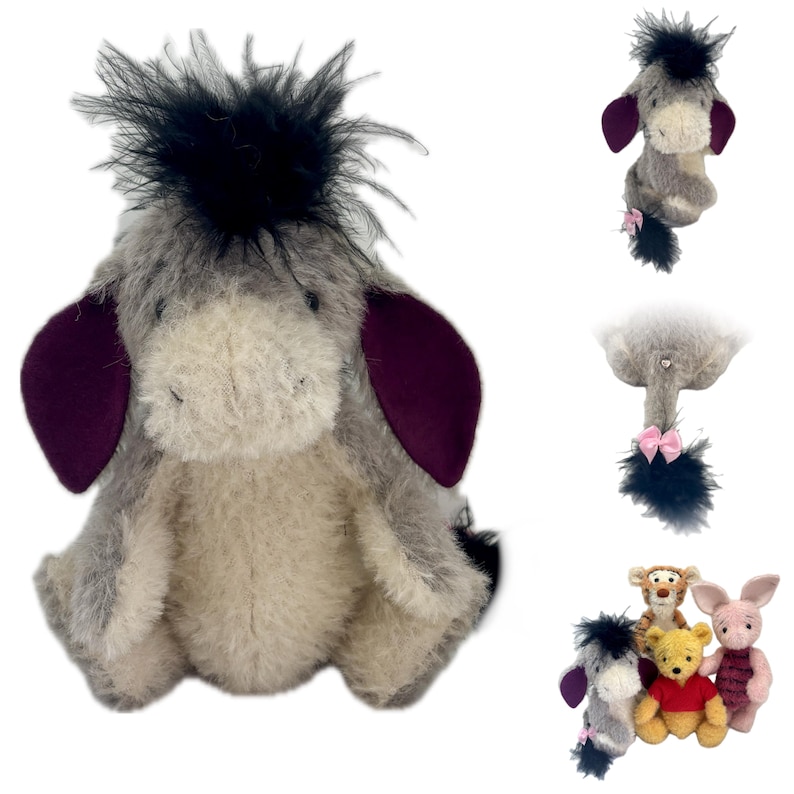 May include: A plush Eeyore toy with a fluffy black mane, purple ears, and a light gray body. Additional images show a smaller Eeyore, a tail with a pink bow, and other Winnie the Pooh characters.