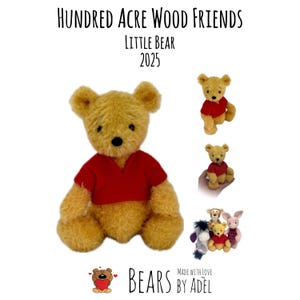Puede incluir: Un oso de peluche amarillo dorado con una camisa roja. La imagen incluye el texto "Hundred Acre Wood Friends Little Bear 2025" e imágenes más pequeñas de otros personajes de peluche. También están las palabras "Bears Made with Love by Adel".