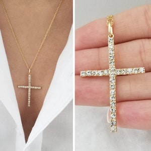 Large Cross Necklace, Long Cross Necklace, Simple Cross Necklace, 18k Gold Filled Cross Necklace, CZ Diamond Cross Necklace, Gift for Mom
