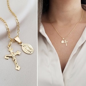 Mary Cross Chain Necklace - Virgin Mary Necklace, Cross Necklaces, Gold filled Mary necklace, gold filled cross necklaces