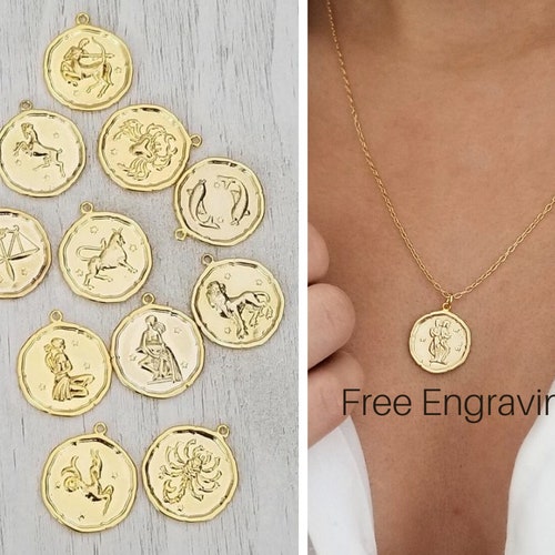 Zodiac Necklace Coin Necklace Astrology Jewelry Gold Etsy
