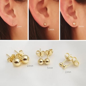 18K Gold Ball Earrings, Ball Earring Studs, Gold Push Back Studs Woman, 18k Gold Filled, With 18k Gold Backs