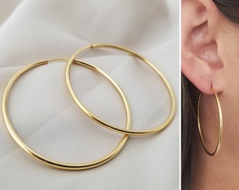 Gold Hoops Earrings • (59mm ) in 18K Gold Filled Hoop Earrings • Dainty Thin Large Hoops • Everyday Waterproof Hoops • Gift for Her