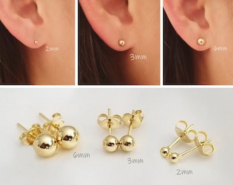 18K Gold Ball Earrings, Ball Earring Studs, Gold Push Back Studs Woman, 18k Gold Filled, With 18k Gold Backs