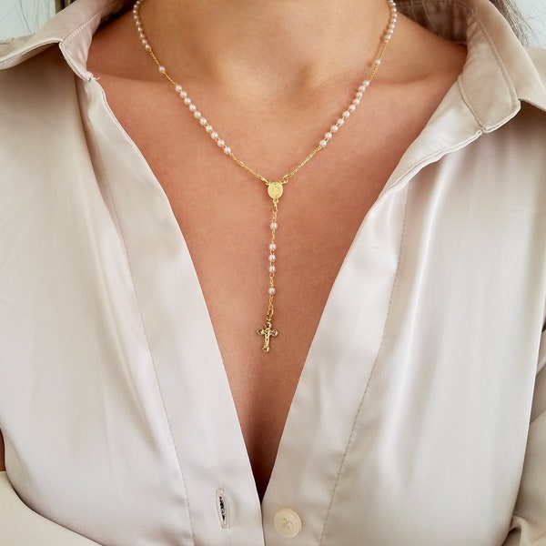 Pearl Rosary Necklace, Gold Rosary Necklaces, Catholic Jewelry Cross Confirmation Anniversary Gift, Miraculous, Dainty necklace , Gold