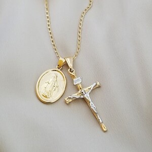 Gold Crucifix Necklace, Mary Gold Necklace, Faith Necklace, Religious Jewelry