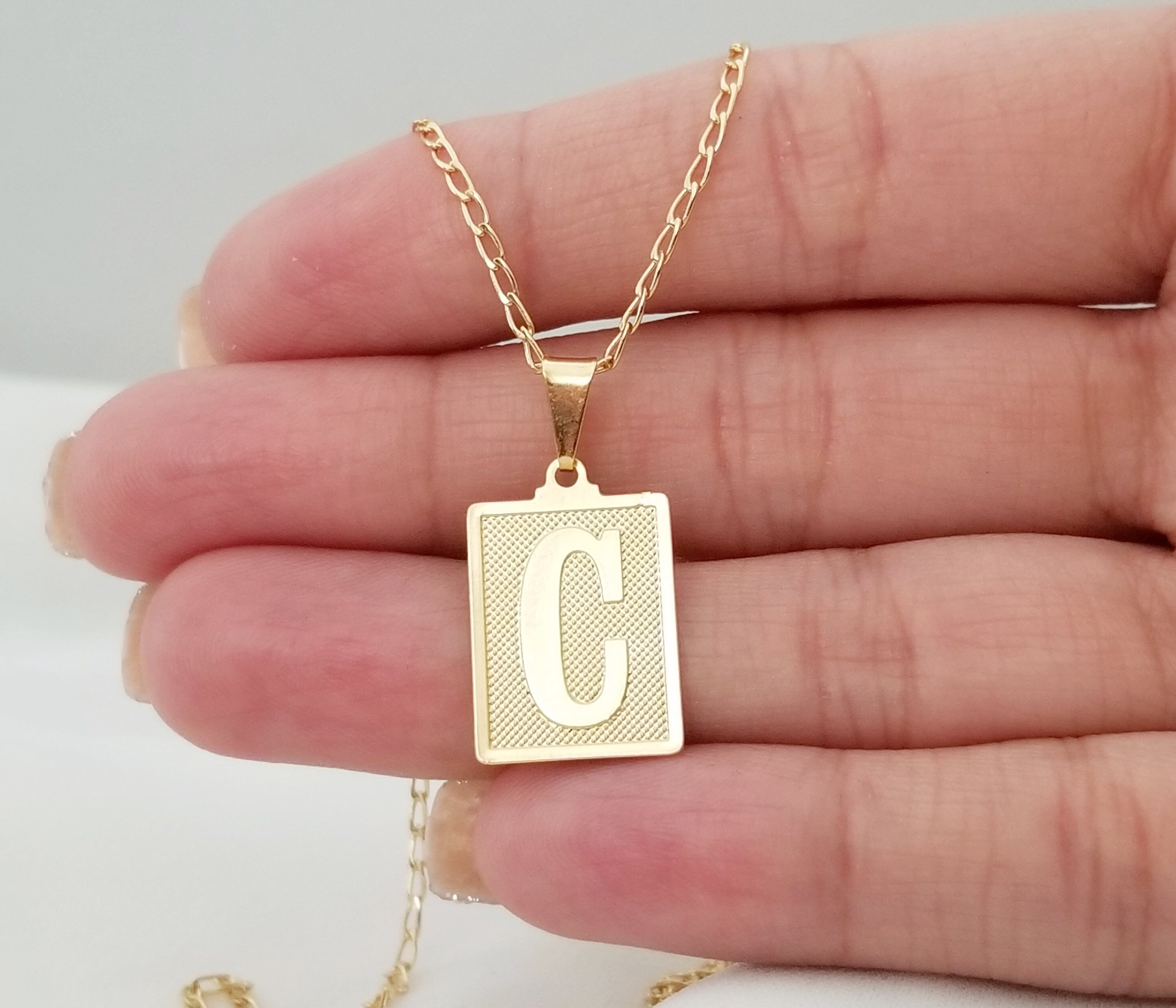 Initial Tag Necklace Rectangle Medallion Gold Tag Necklace Etsy