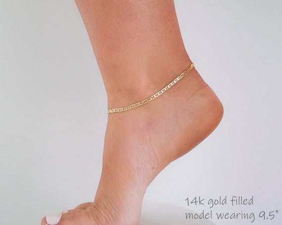 14K Gold Puffed Mariner Anklet Bracelet on a Rolo Chain – YanYa