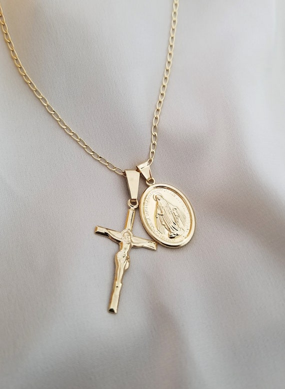 Gold cross and virgin mary best sale necklace