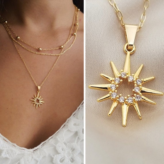 Sun Necklace and Pendant 14k Gold Paperclip Necklace Gold 