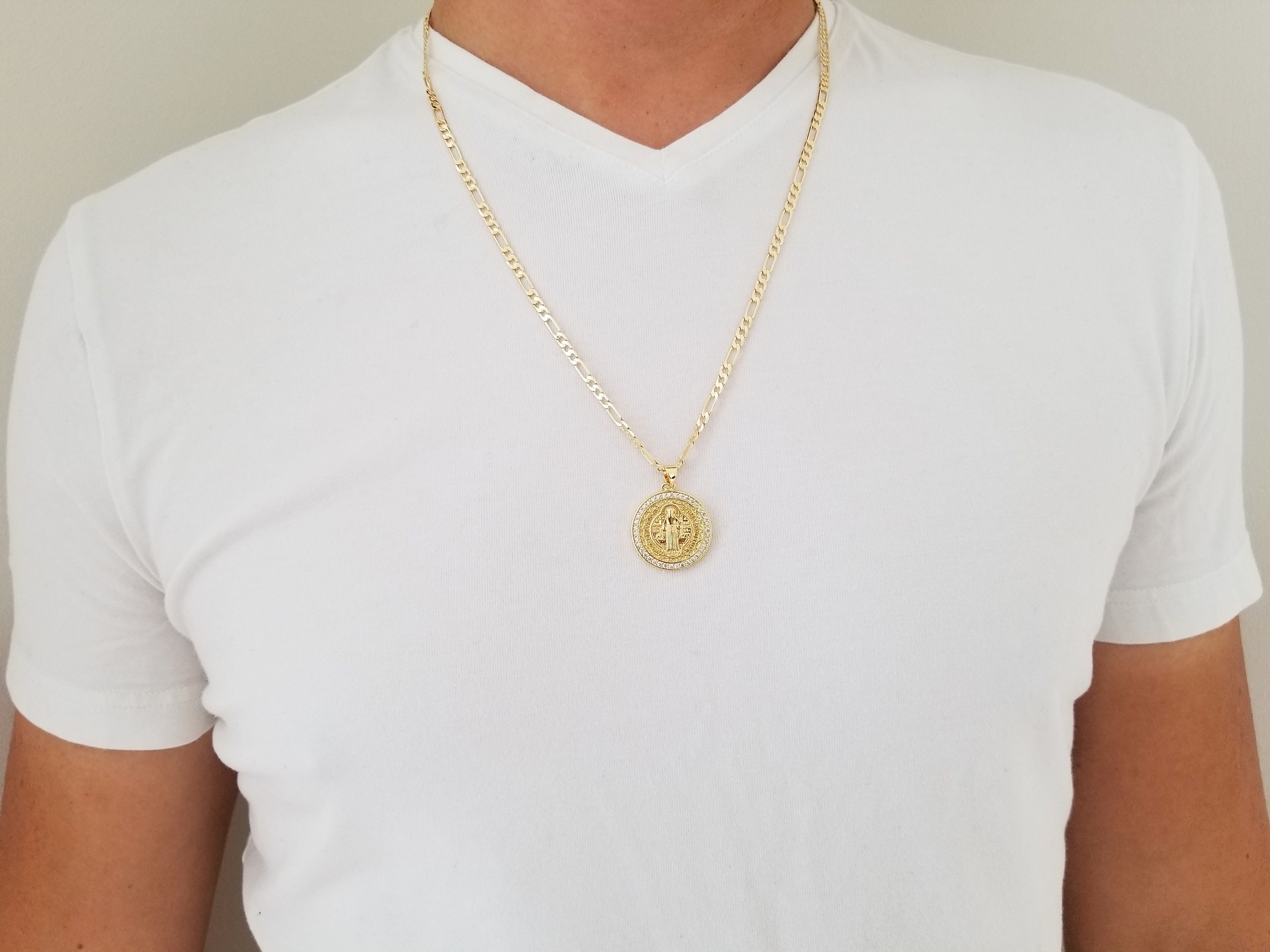 18k Gold Medallion Pendant Chain Mens Necklace Gold Saint Etsy