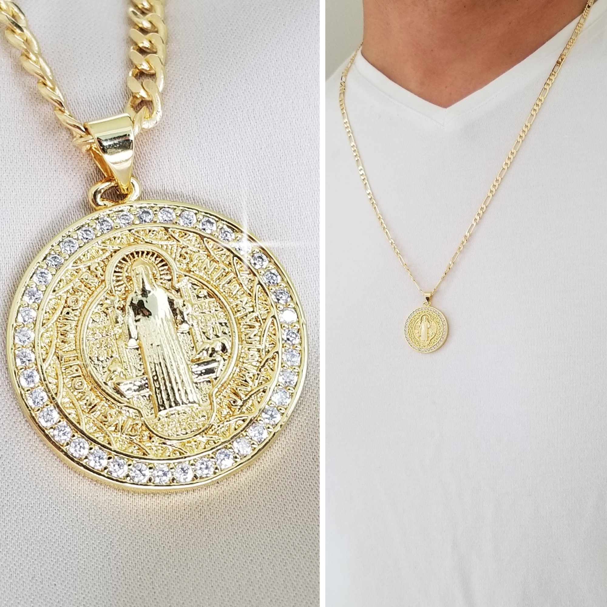 18k Gold Medallion Pendant Chain Mens Necklace Gold Saint Etsy