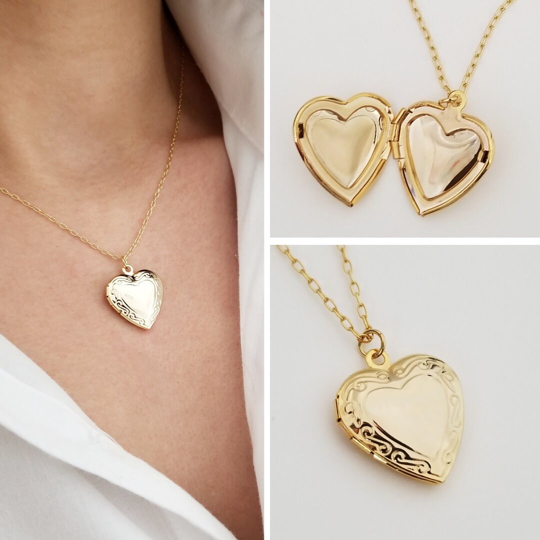 Small Heart Locket Necklace Gold Charm Necklace Gold Heart Etsy