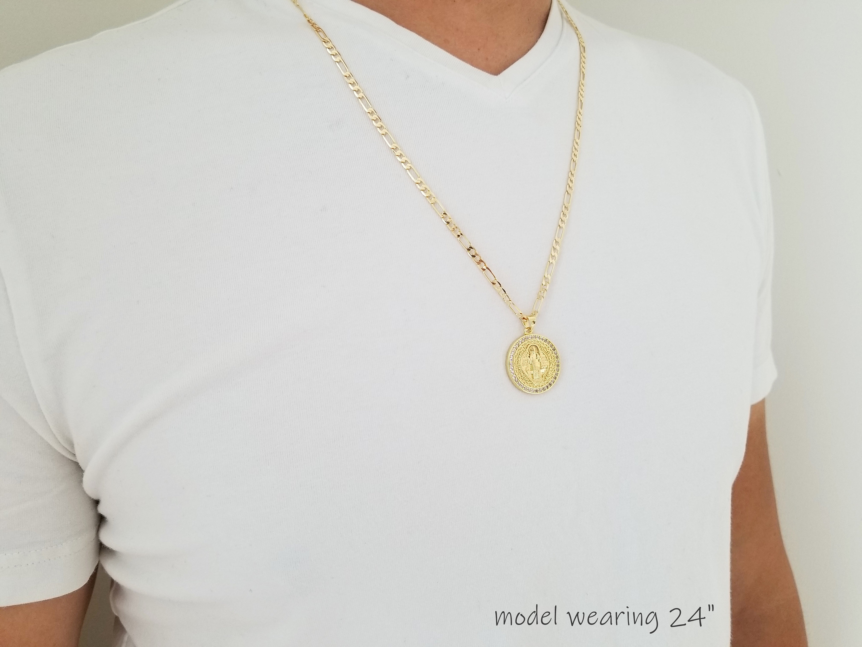 18k Gold Medallion Pendant Chain Mens Necklace Gold Saint Etsy