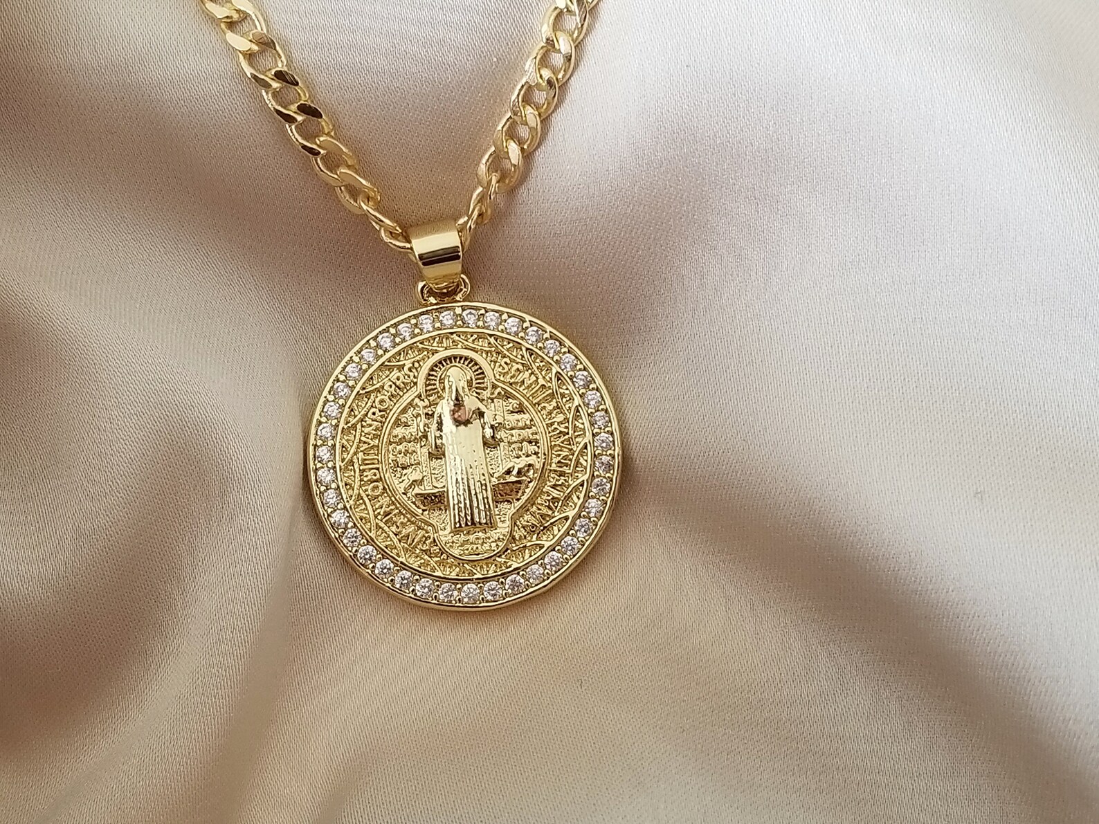 18k Gold Medallion Pendant Chain Mens Necklace Gold Saint Etsy
