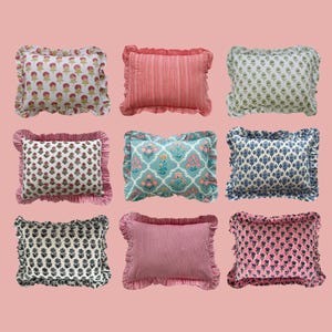 Indian Hand Block Print Stripe Floral Frill Rectangular Cushion