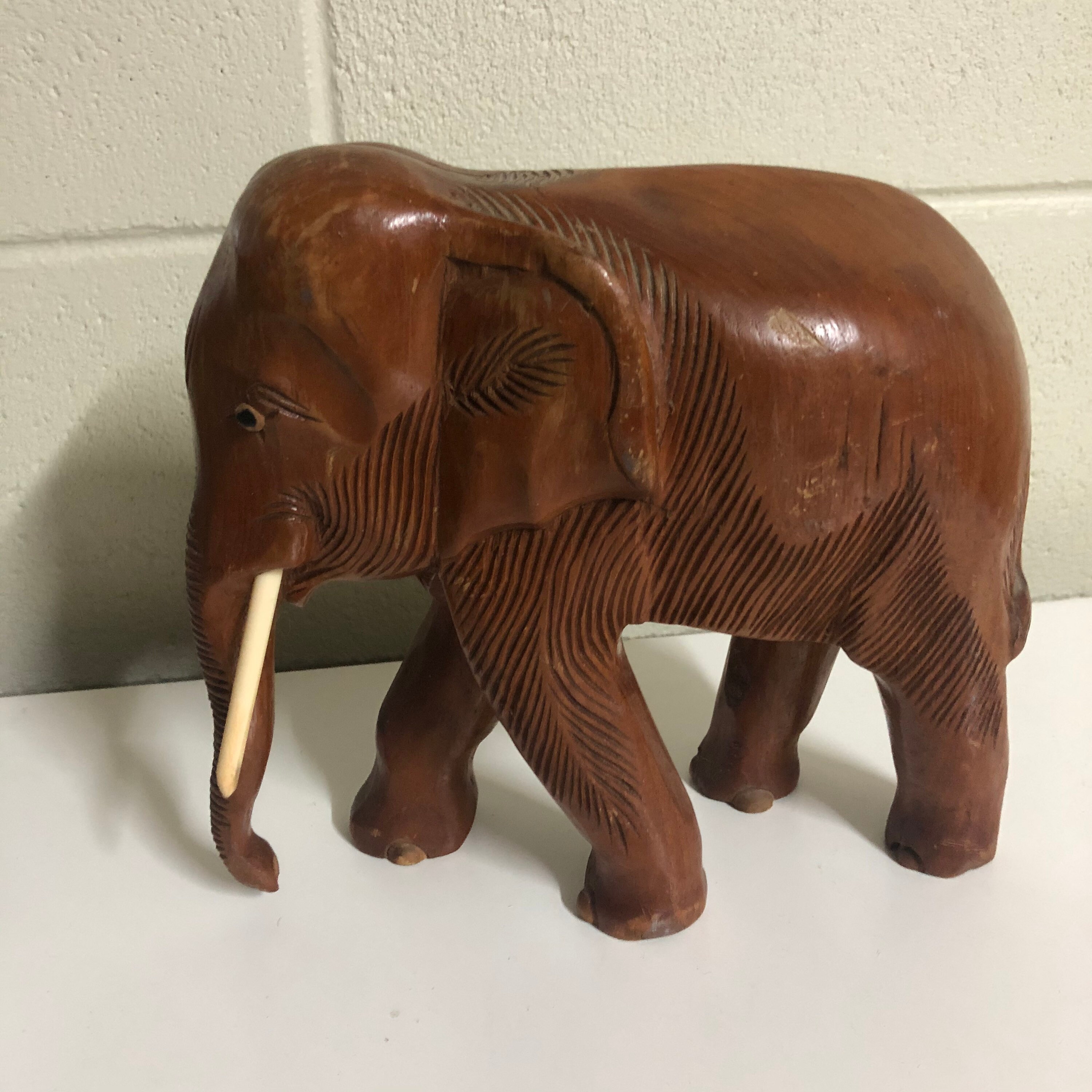 Large Carved Wooden Elephant Trunk Down 21cm Vintage Etsy