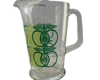 Vintage Heavy Glass Juice Water Cordial 1Lt Jug Green Apple Pattern Retro Pitcher