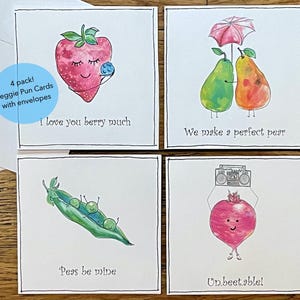 Lot de 4 adorables cartes de jeu de mots végétarienne - amour pour la Saint-Valentin - fruit rigolo - joie de partager - douce amie - cadeau