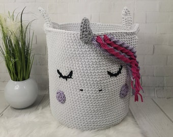 Personalised Unicorn Toy Basket, Horn storage trug, Storage basket, Unicorn theme room, Basket with rainbow fringe, Crochet basket, Toy box