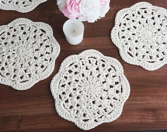 Round Crochet Placemats: Cream Cotton Table Mats, Rural Decor