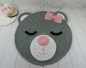 Crochet Bear Rug: Cotton Nursery Mat, Woodland Decor