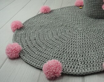 Crochet Nursery Rug: Round Cotton Play Mat with Pom Poms