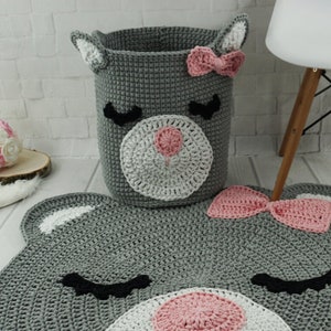 Grey Bear basket with pink bow Crochet basket Bear nursery decor Woodland nursery camping room decor Woodland nursery decor Basket for toys