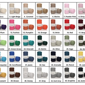 May include: A chart of 45 different colours of cotton rope, each colour is labelled with a number and a name. The rope is wound into two coils and displayed on a white background.