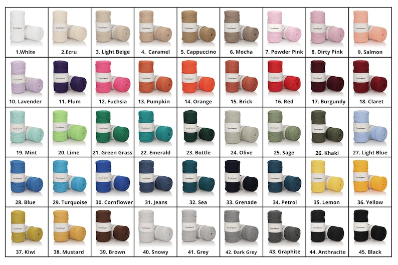 May include: A chart of 45 different colours of cotton rope, each colour is labelled with a number and a name. The rope is wound into two coils and displayed on a white background.