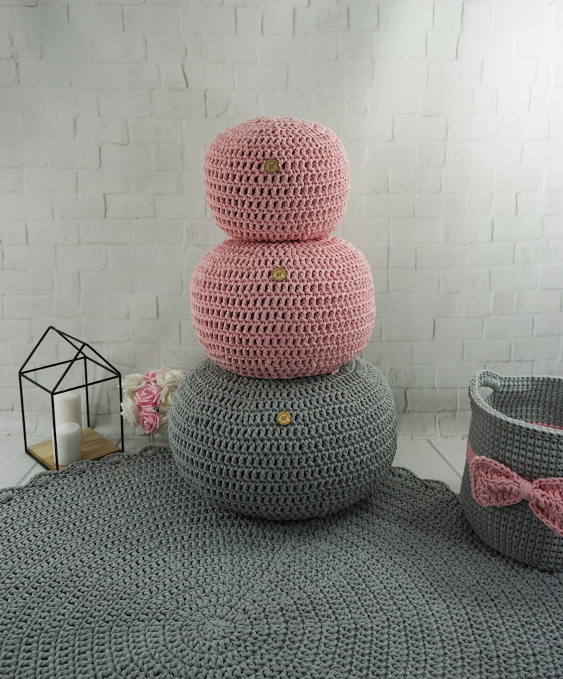Blush pink crochet pouf Ottoman Nursery footstool Round floor Etsy