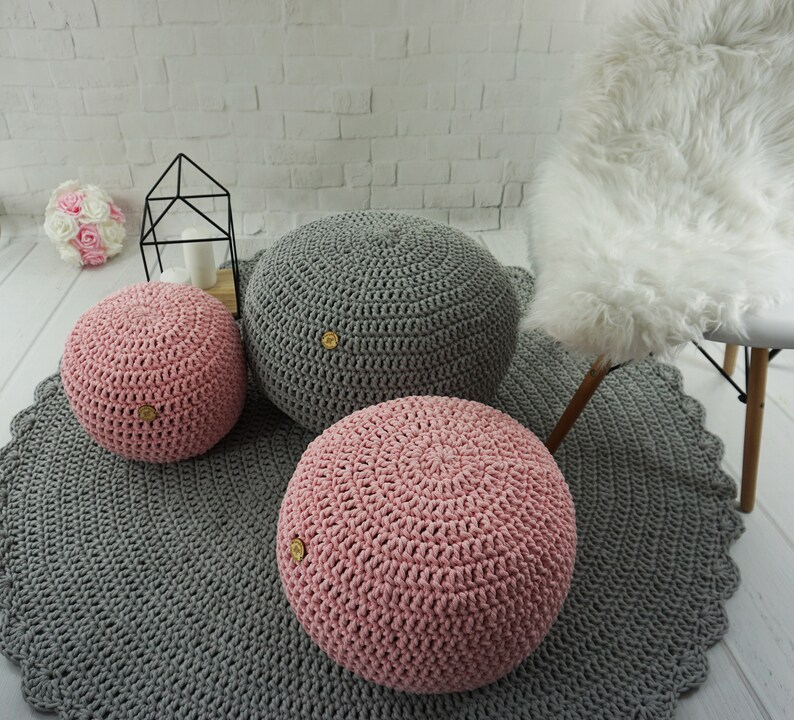 Blush pink crochet pouf Ottoman Nursery footstool Round floor Etsy