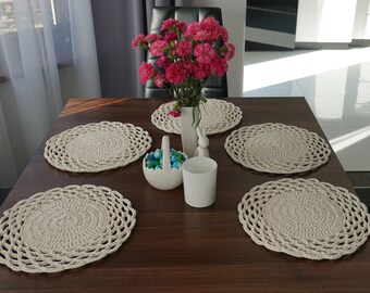 Round Crochet Placemats: Cream Cotton Table Mats, 31cm