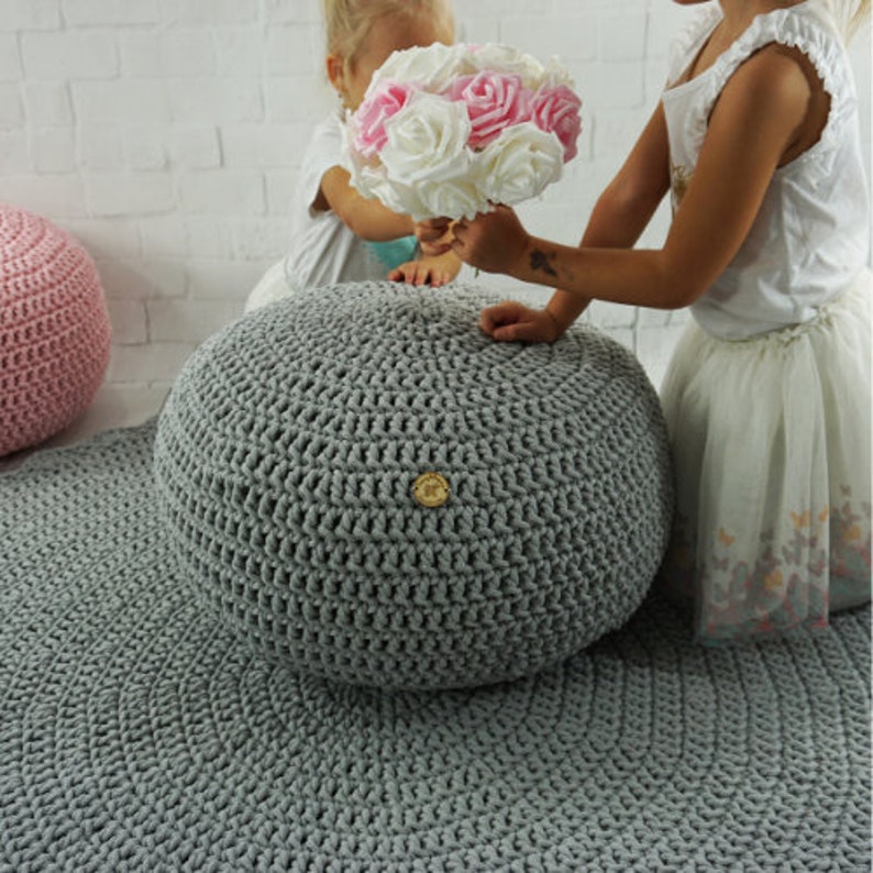 White round crochet pouf Ottoman Nursery footstool Round floor | Etsy