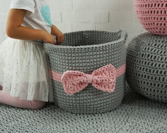 Large basket with pink bow Storage basket Standing basket for toys Gray big toys basket Basket for kindergarten Nursery decor Kids box