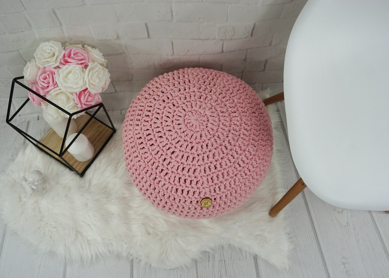 Round floor Ottoman pouf for baby room Meditation pillow Footstool Pillow Bean Bag Floor cushion Knit nursery pouf Fuchsia crochet pouf image 7