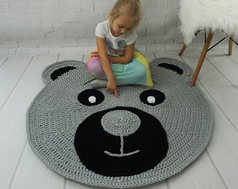 Gray Teddy Bear Rug: Crocheted Cotton Nursery Carpet